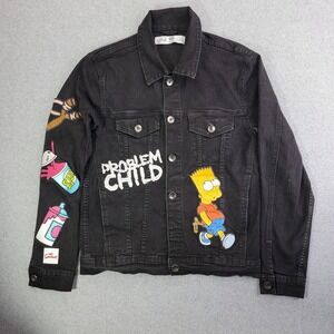 The Simpsons Jacket Mens S Black Denim Bart Simpson Problem Child Button Front